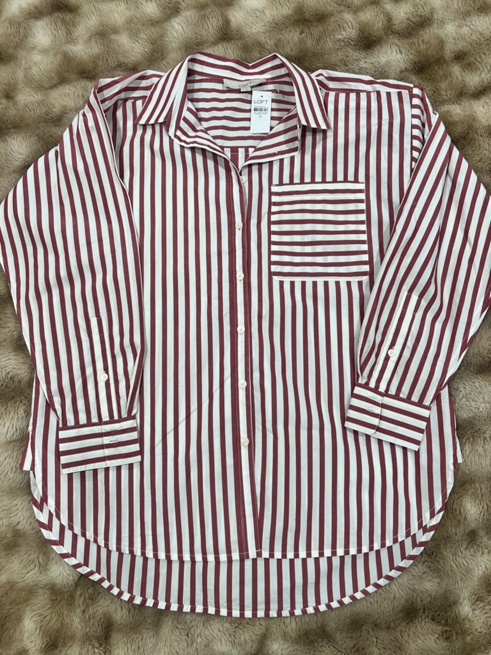 LOFT Women’s Burgundy and White Striped Button-Down Shirt